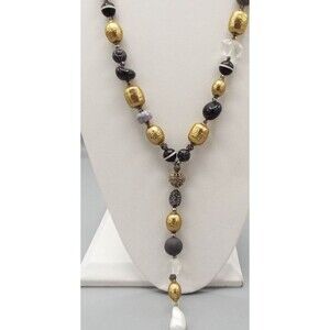 Chico's  Gold Crystal Filigree Faux Freshwater Pearl Beaded Long 35.5 Y Necklace
